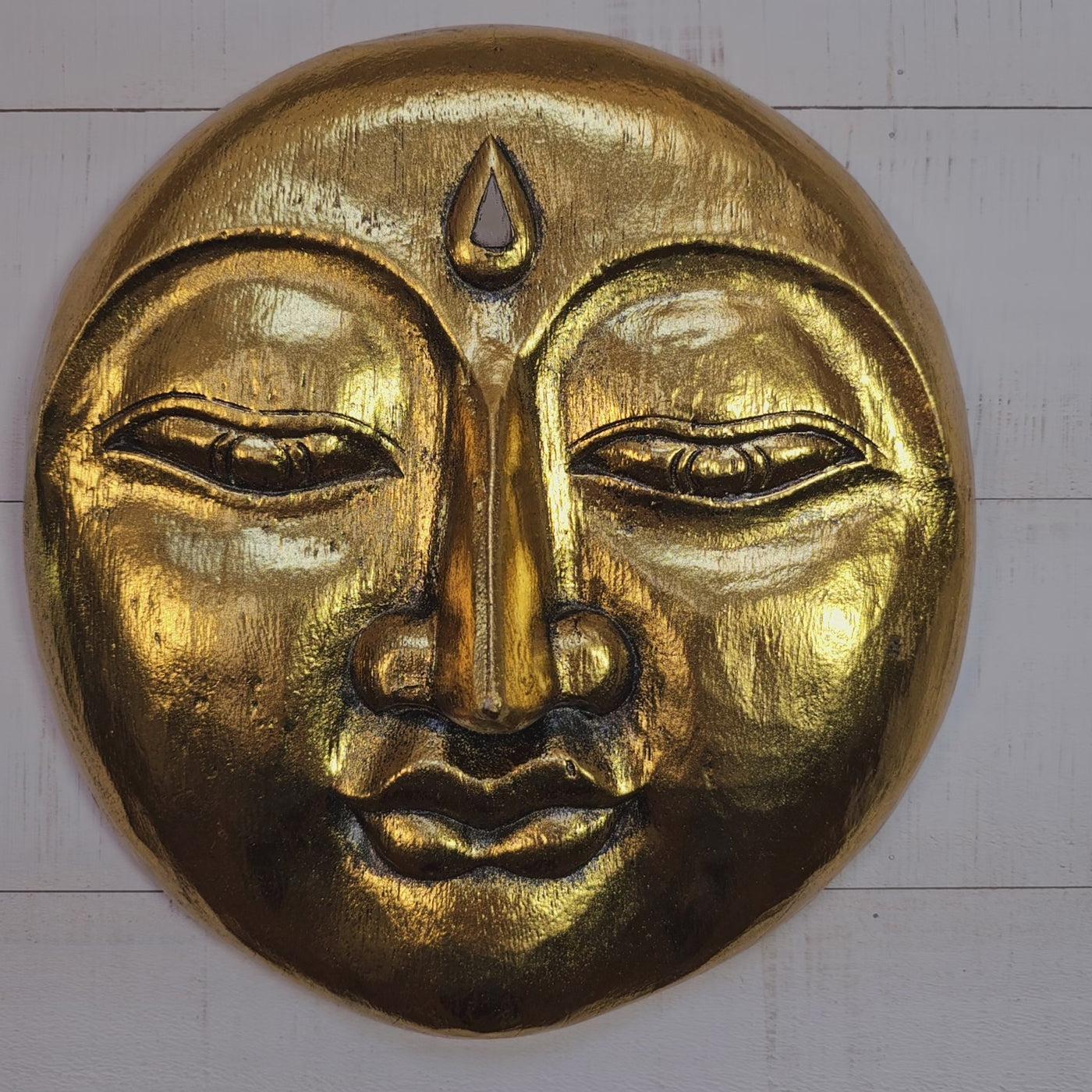 Gold Wooden Moon Face Wall Art – Hand Carved Moon Mask, Boho Rustic Wall Sculpture Home Decor