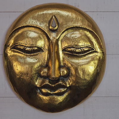 Gold Wooden Moon Face Wall Art – Hand Carved Moon Mask, Boho Rustic Wall Sculpture Home Decor