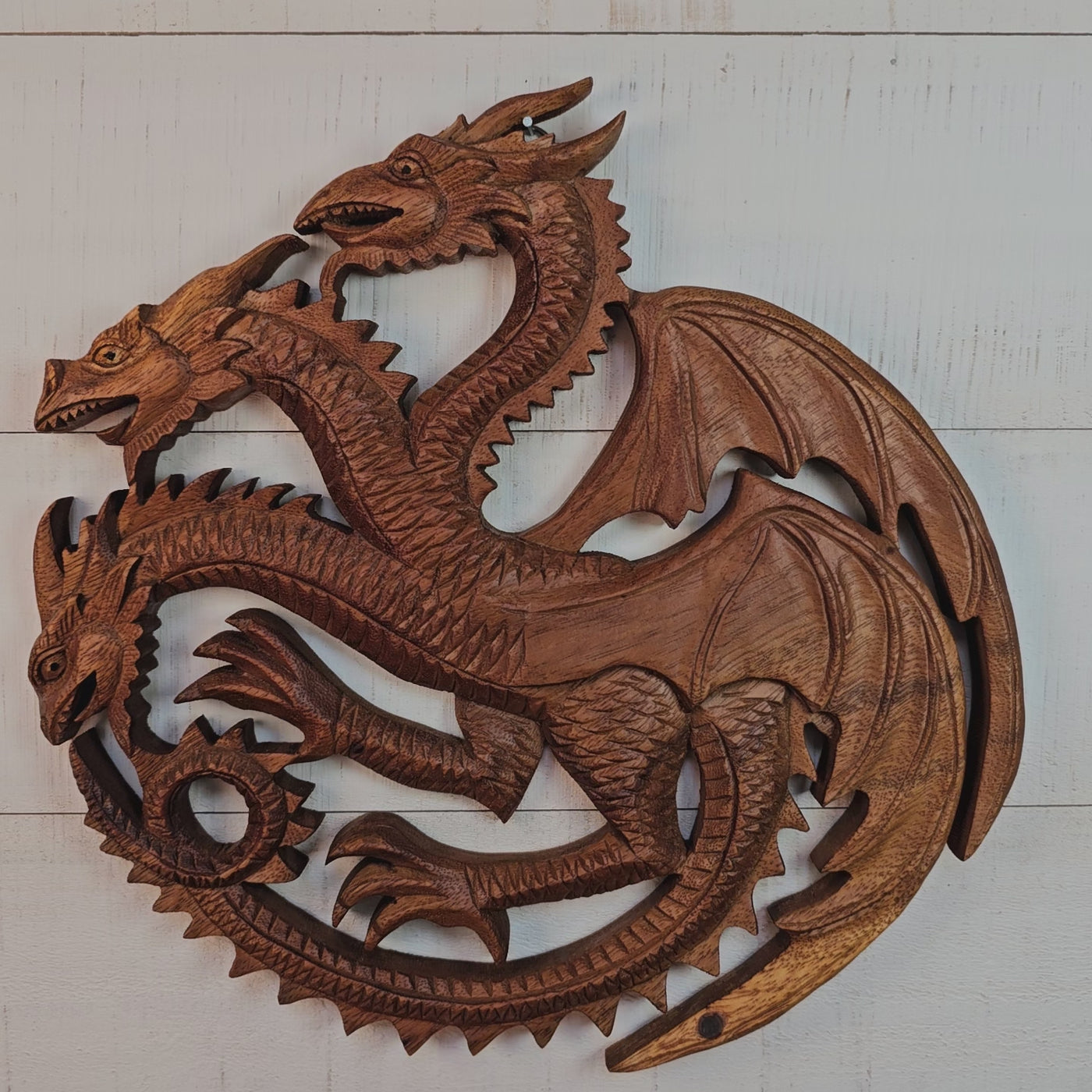 12" Three Headed Dragon Wooden Wall Art – Hand Carved Fantasy Sculpture, Rustic Mythical Home Decor