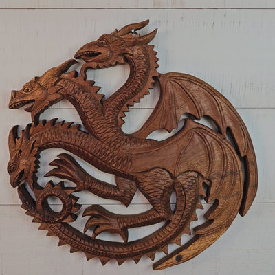 12" Three Headed Dragon Wooden Wall Art – Hand Carved Fantasy Sculpture, Rustic Mythical Home Decor