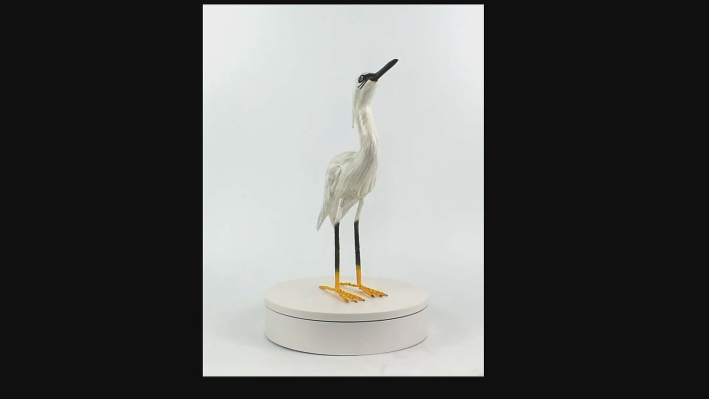 Wood Snowy Egret Heron Figurine – Hand Carved Coastal Bird Sculpture, Elegant Shore Decor