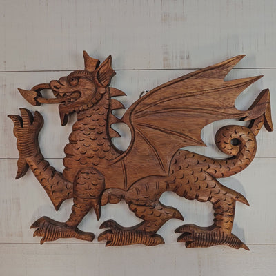 13" Wooden Dragon Wall Art – Hand Carved Mythical Figurine, Rustic Fantasy Wall Decor Sculpture