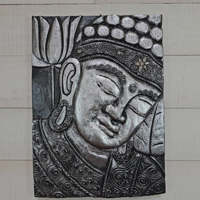 16" Silver Buddha Wall Panel – Hand Carved Decorative Wood Relief, Zen Spiritual Wall Art