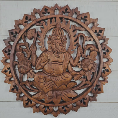 Hand Carved Wooden Ganesha Wall Panel – Hindu Elephant God Art, Lotus Floral Mandala