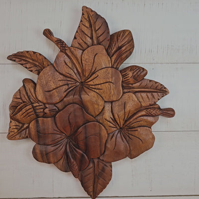 Tropical Hibiscus Wall Art – Hand Carved Wooden Floral Panel, Boho Botanical Decor