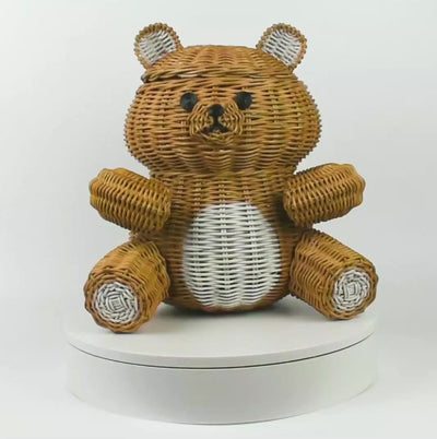 Brown Bear Rattan Storage Basket with Lid Decorative Home Decor Hand Woven Shelf Organizer Cute Handmade Handcrafted Gift Decoration Artwork Wicker