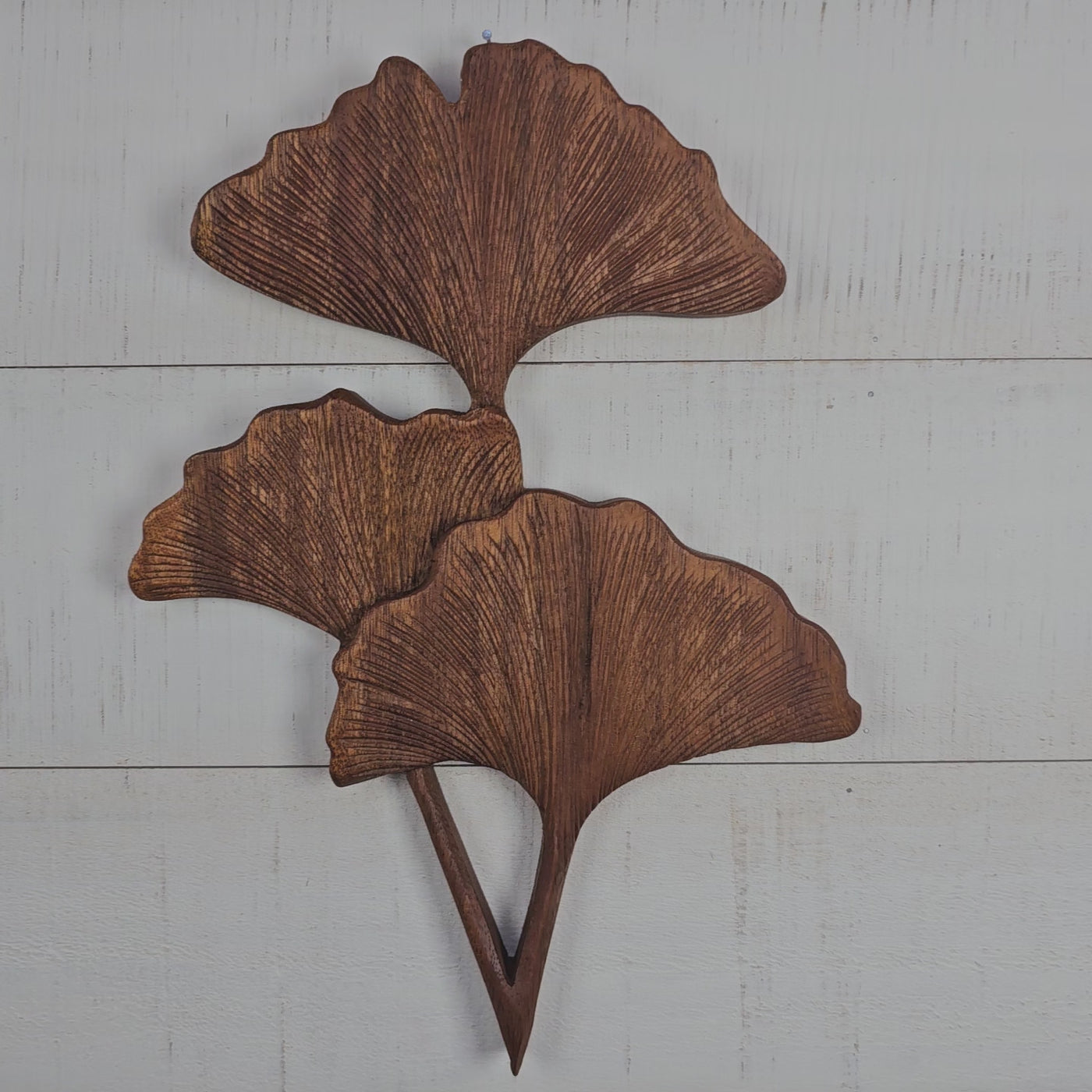 Hand Carved Wooden Ginkgo Leaves Wall Panel – Trio Botanical Wall Art, Nature-Inspired Rustic Decor