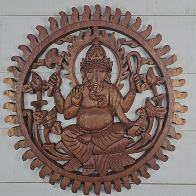 Hand Carved Wooden Ganesha Sunburst Wall Panel – Hindu Elephant God Lotus Art