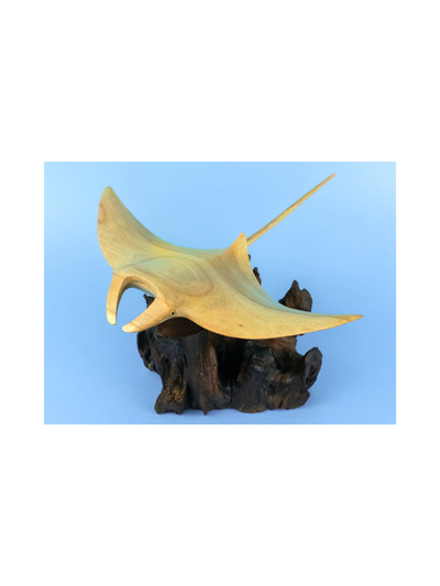 Wooden Hand Carved Stingray on Coral Statue Sculpture Wood Decor Accent Fish Figurine Handcrafted Handmade Seaside Tropical Nautical Ocean Coastal