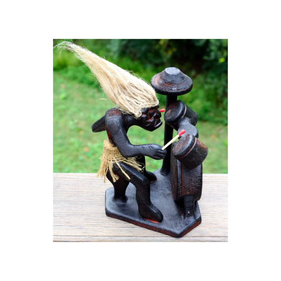 Wooden Handmade Primitive Tribal with Drum Kit Funny Statue Sculpture Tiki Bar Drummer Handcrafted Gift Home Decor Figurine Hand Carved