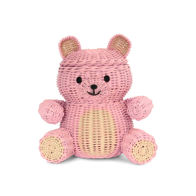 Pink Bear Rattan Storage Basket with Lid Decorative Home Decor Hand Woven Shelf Organizer Cute Handmade Handcrafted Gift Art Decoration Artwork Wicker