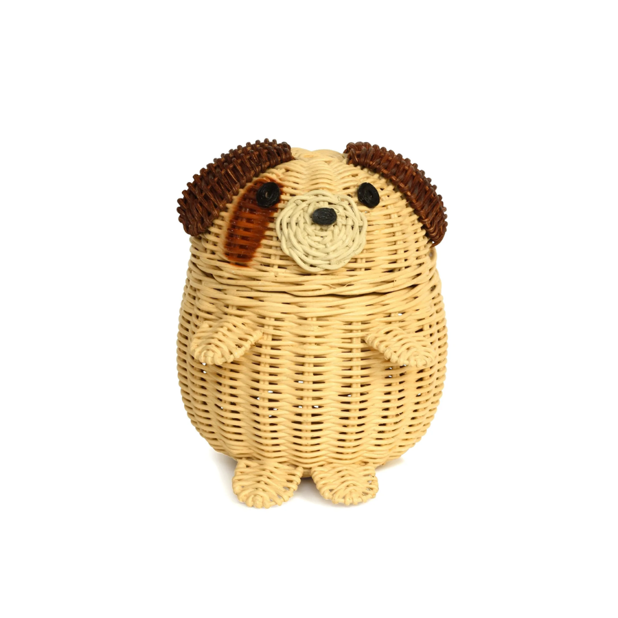 Dog Rattan Storage Basket with Lid Decorative Home Decor Hand Woven Shelf Organizer Cute Handmade Handcrafted Gift Art Decoration Artwork Wicker Puppy