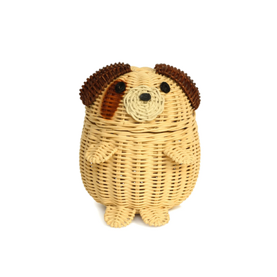 Dog Rattan Storage Basket with Lid Decorative Home Decor Hand Woven Shelf Organizer Cute Handmade Handcrafted Gift Art Decoration Artwork Wicker Puppy