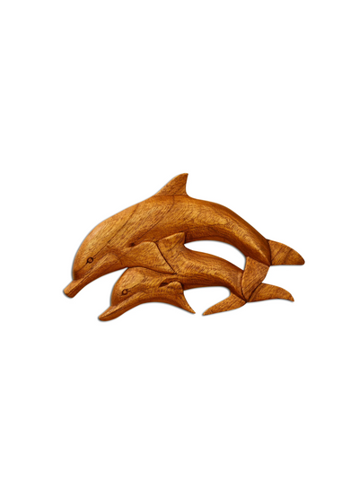 Wooden 2 Dolphins Wall Decor Plaque Hanging Sculpture Hand Carved Accent Fish Handcrafted Handmade Seaside Tropical Nautical Ocean Coastal Wood Home