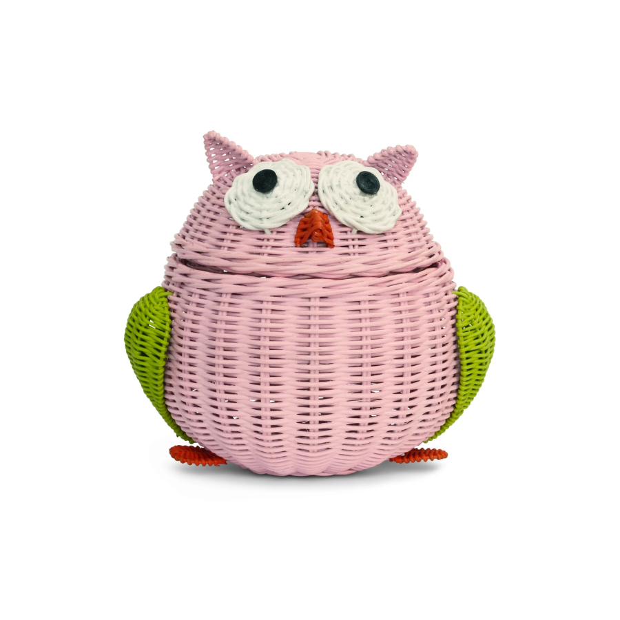 Pink Owl Rattan Storage Basket with Lid Decorative Home Decor Hand Woven Shelf Organizer Cute Handmade Handcrafted Gift Art Decoration Artwork Wicker