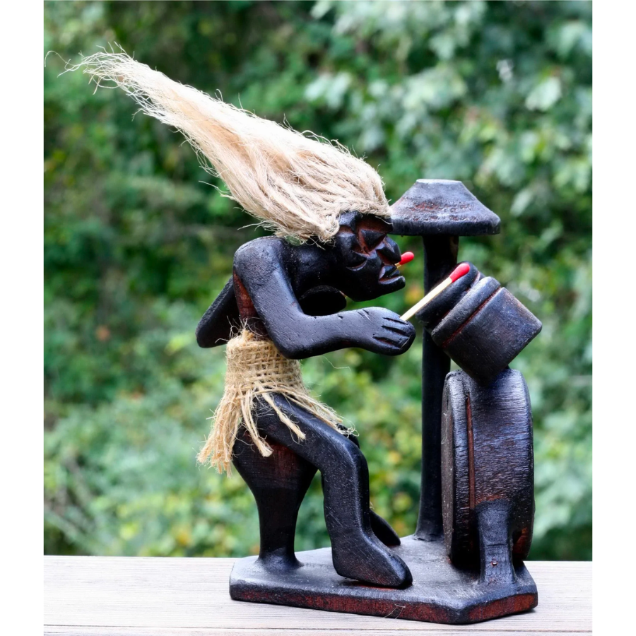 Wooden Handmade Primitive Tribal with Drum Kit Funny Statue Sculpture Tiki Bar Drummer Handcrafted Gift Home Decor Figurine Hand Carved