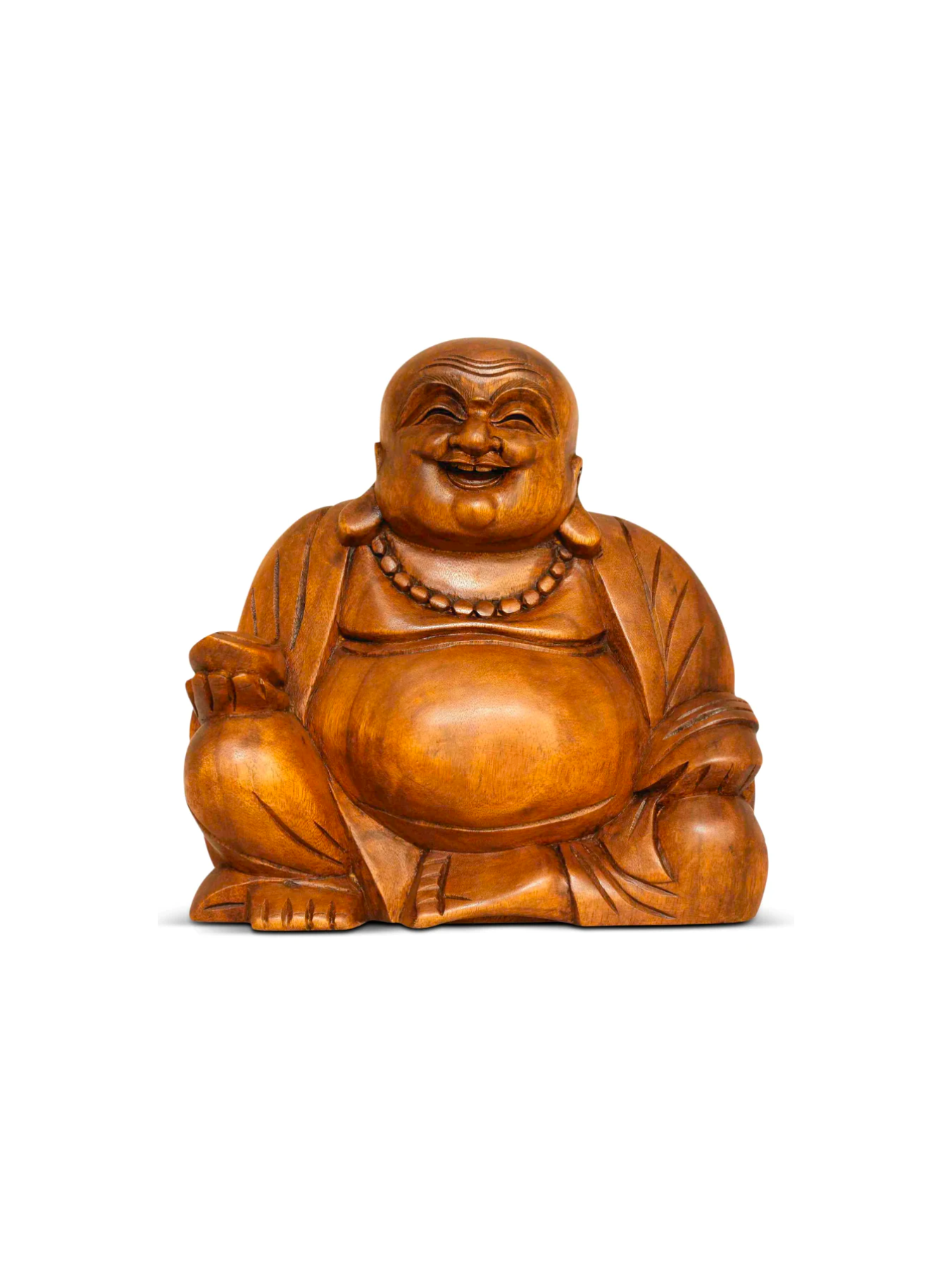 Wooden Laughing Happy Buddha Statue Hand Carved Smiling Sitting Sculpture Handmade Figurine Decorative Home Decor Handcrafted Art Decoration