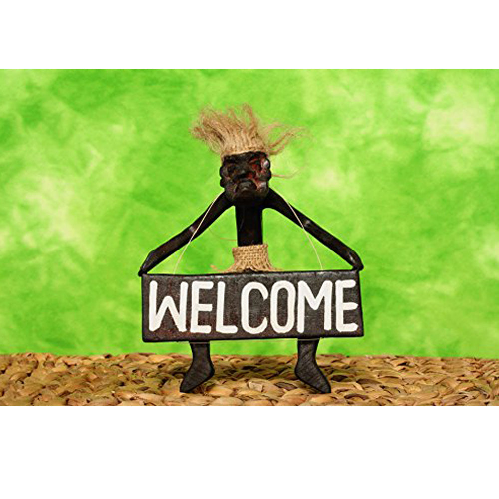 Wooden Handmade Primitive Tribal Statue Holding Welcome Sign Wall Sculpture Tiki Bar Handcrafted Unique Gift Art Decor Figurine Hand Carved