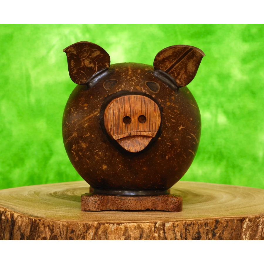 Handmade Coconut Shell Wood Cute Pig Coin Piggy Bank Wooden Hand Carved Keepsake Saving Money Kids