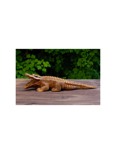 12" Wooden Hand Carved Crocodile Sculpture Statue Handcrafted Gift Decorative Home Decor Figurine Artwork Accent Decoration Handmade Wood Alligator
