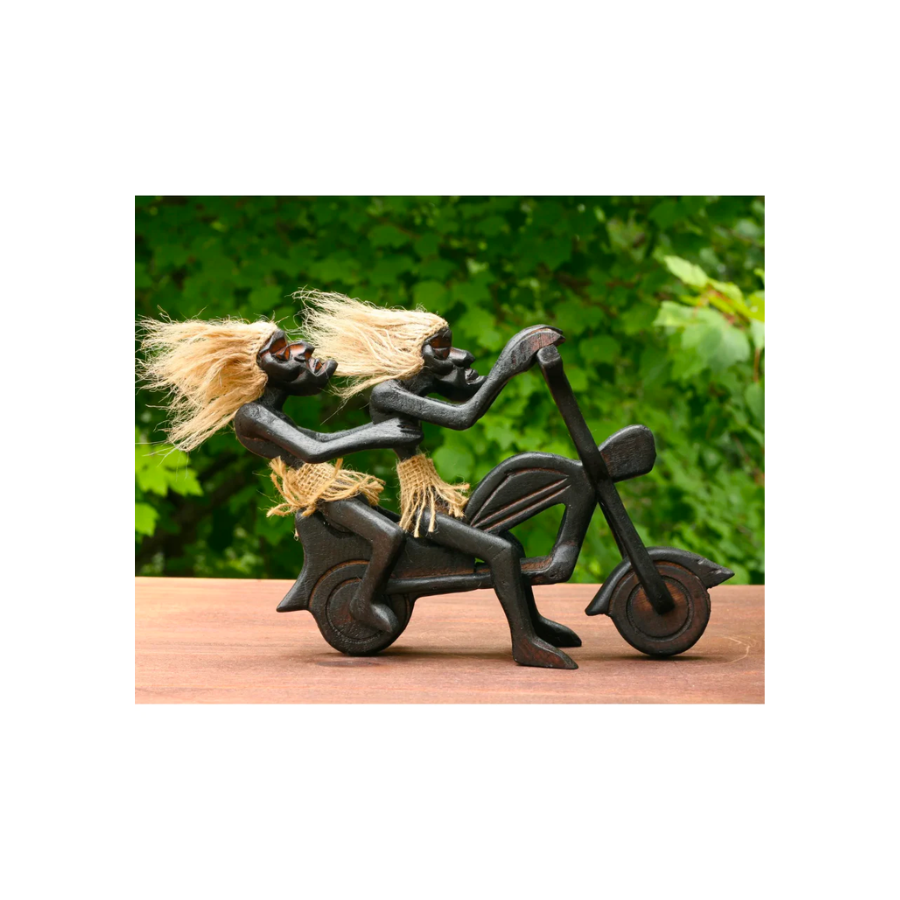 Handmade Wooden Primitive Tribal Funny Riding Harley Davidson Statue Motorcycle Sculpture Tiki Bar Unique Gift Wood Home Decor Figurine Hand Carved