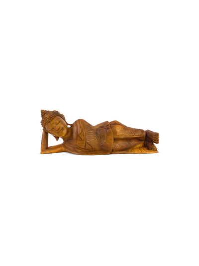 Wooden Hand Carved Serene Reclining Buddha Statue Sculpture Handmade Figurine Decorative Home Decor Accent Handcrafted Traditional Modern Lying Buddha