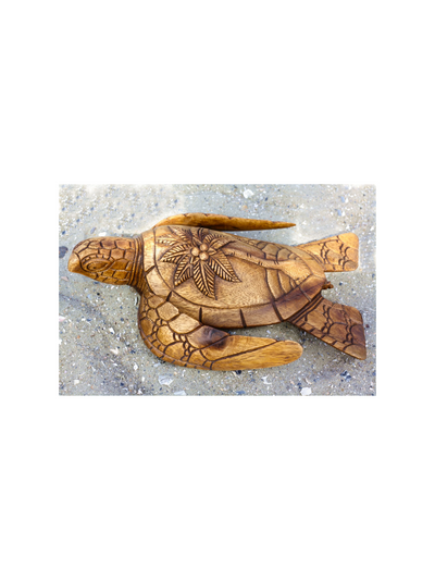 12" Long Wooden Hand Carved Turtle Tortoise Statue Figurine Sculpture Handcrafted Handmade Home Decor Accent Seaside Tropical Nautical Ocean Coastal