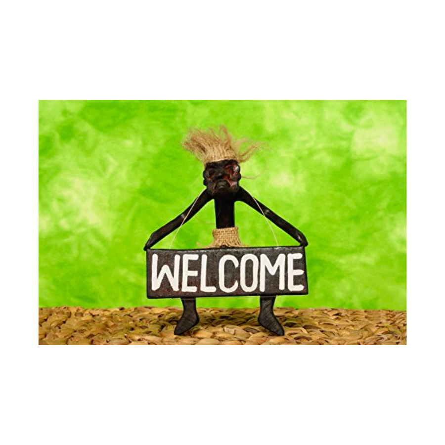 Wooden Handmade Primitive Tribal Statue Holding Welcome Sign Wall Sculpture Tiki Bar Handcrafted Unique Gift Art Decor Figurine Hand Carved