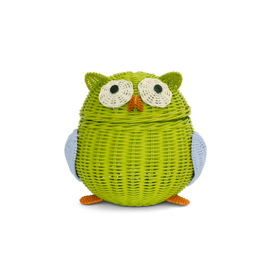 Green Owl Rattan Storage Basket with Lid Decorative Home Decor Hand Woven Shelf Organizer Cute Handmade Handcrafted Gift Art Decoration Artwork Wicker