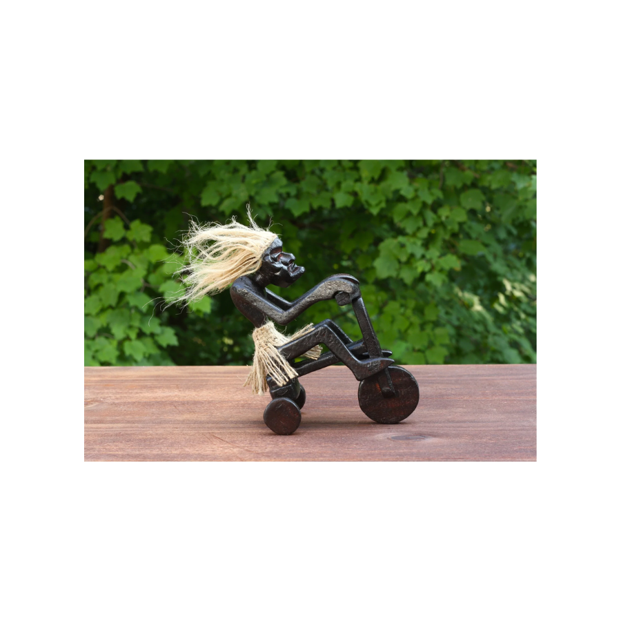Handmade Wooden Primitive Tribal Riding Tricycle Statue Sculpture Tiki Bar Unique Gift Wood Home Decor Figurine Hand Carved