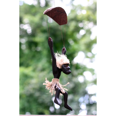 Handmade Wooden Primitive Tribal Funny Statue Skydive Parachute Sculpture Tiki Bar Unique Gift Wood Home Decor Figurine Hand Carved