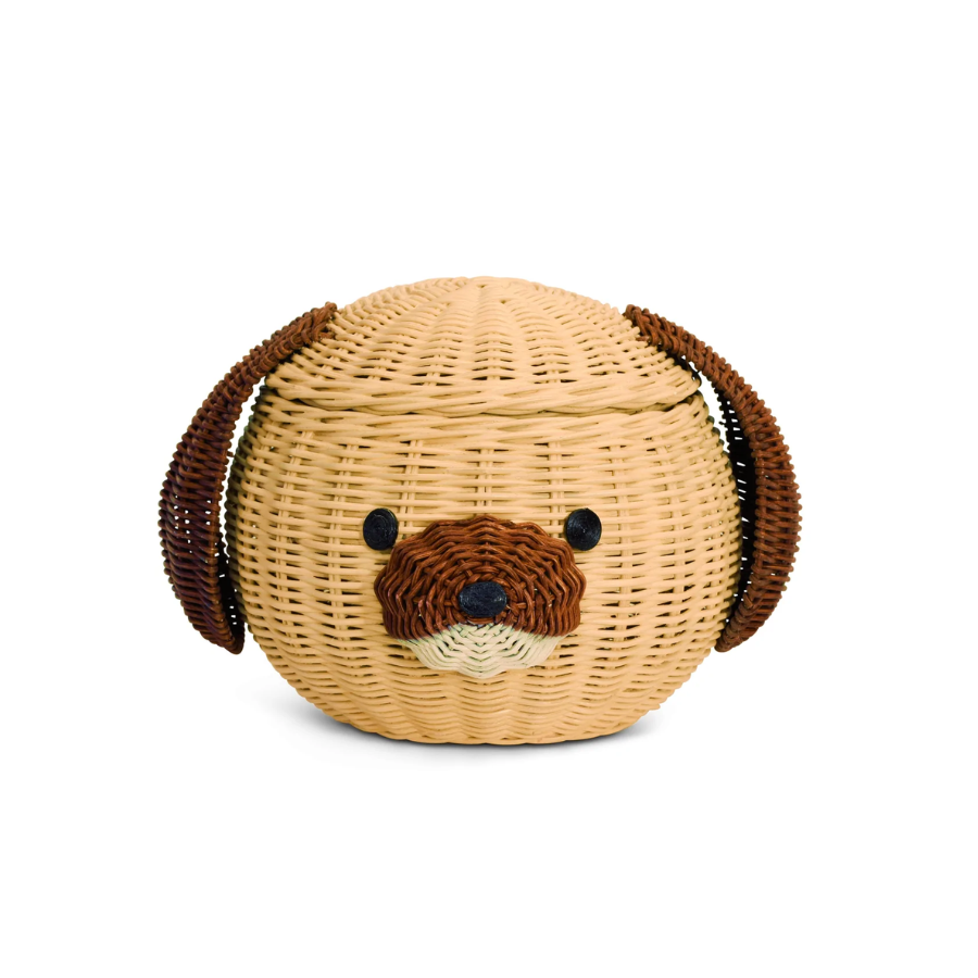 Dog Head Rattan Storage Basket with Lid Decorative Bin Home Decor Hand Woven Shelf Organizer Cute Handmade Handcrafted Gift Art Artwork Wicker Puppy