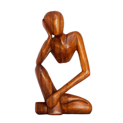 12" Wooden Handmade Abstract Sculpture Statue Handcrafted "Thinking Man" Gift Art Decorative Home Decor Figurine Accent Decoration Artwork Hand Carved