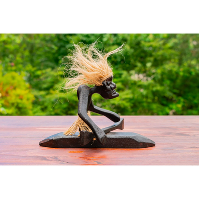 Handmade Wooden Primitive Tribal Kayaking Statue Canoe Funny Sculpture Tiki Bar Handcrafted Unique Gift Decor Accent Figurine Hand Carved