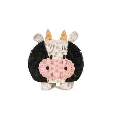 Cow Rattan Storage Basket with Lid Decorative Bin Home Decor Hand Woven Shelf Organizer Cute Handmade Handcrafted Gift Art Decoration Artwork Wicker