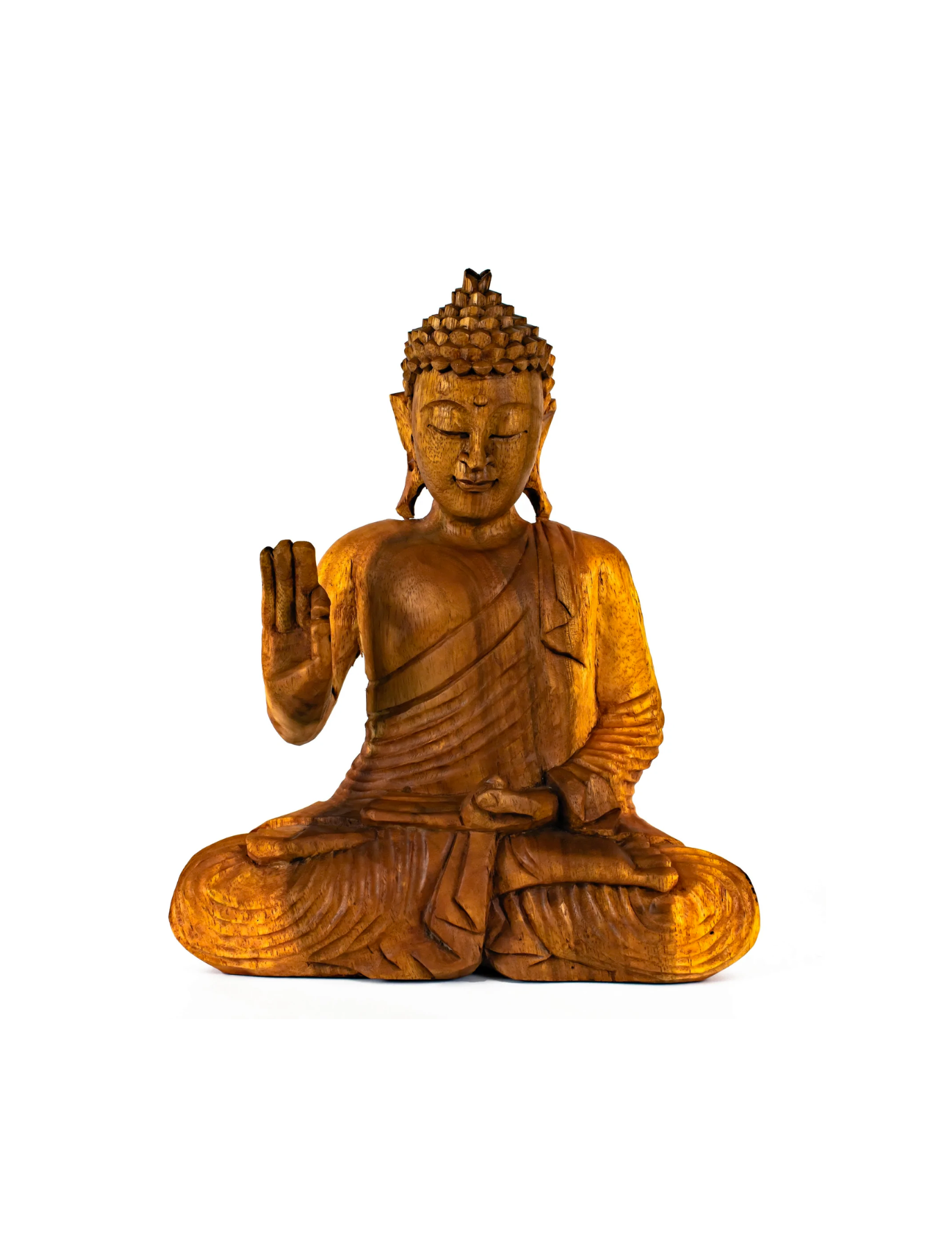 12" Wooden Sitting Buddha Statue Handmade Meditating Sculpture Figurine Home Decor Handcrafted Gift Art Wood Hand Carved Oriental Buddha Abhaya Mudra