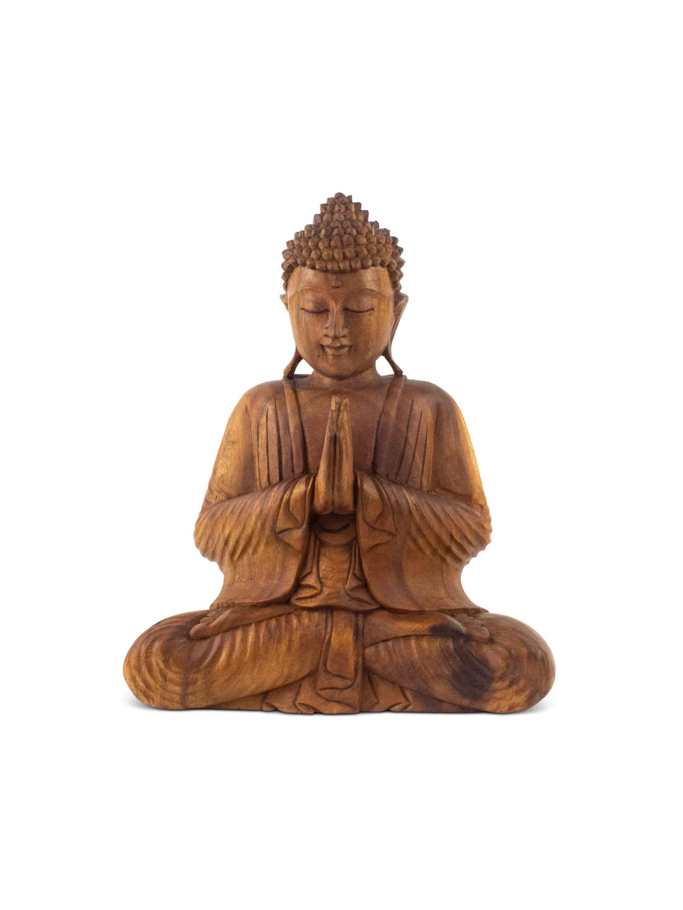 Wooden Serene Sitting Buddha "Anjali Mudra" Statue Handmade Meditating Sculpture Figurine Home Decor Accent Handcrafted Art Modern Oriental Decor