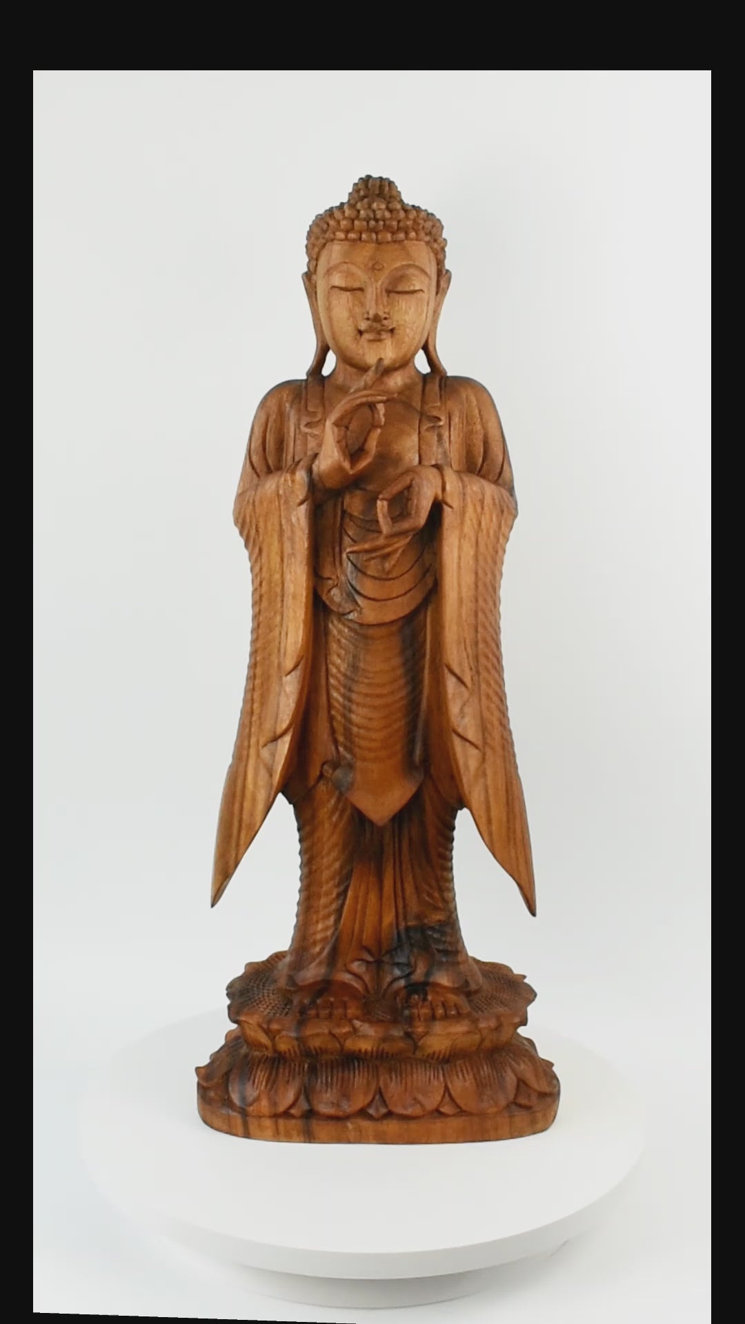 24" Wooden Hand Carved Serene Standing Buddha Statue Handmade Meditating Sculpture Figurine Home Decor Accent Handcrafted Gift Art Wood Oriental