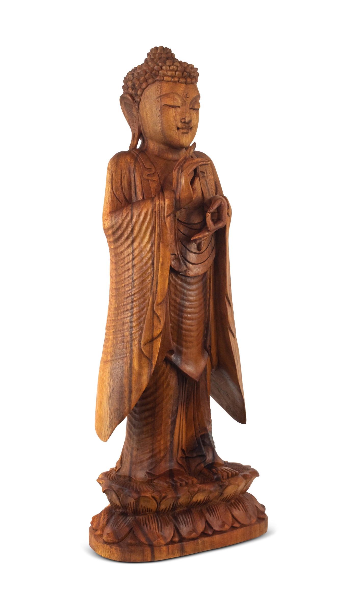 24" Wooden Hand Carved Serene Standing Buddha Statue Handmade Meditating Sculpture Figurine Home Decor Accent Handcrafted Gift Art Wood Oriental