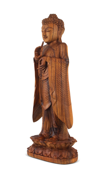 24" Wooden Hand Carved Serene Standing Buddha Statue Handmade Meditating Sculpture Figurine Home Decor Accent Handcrafted Gift Art Wood Oriental