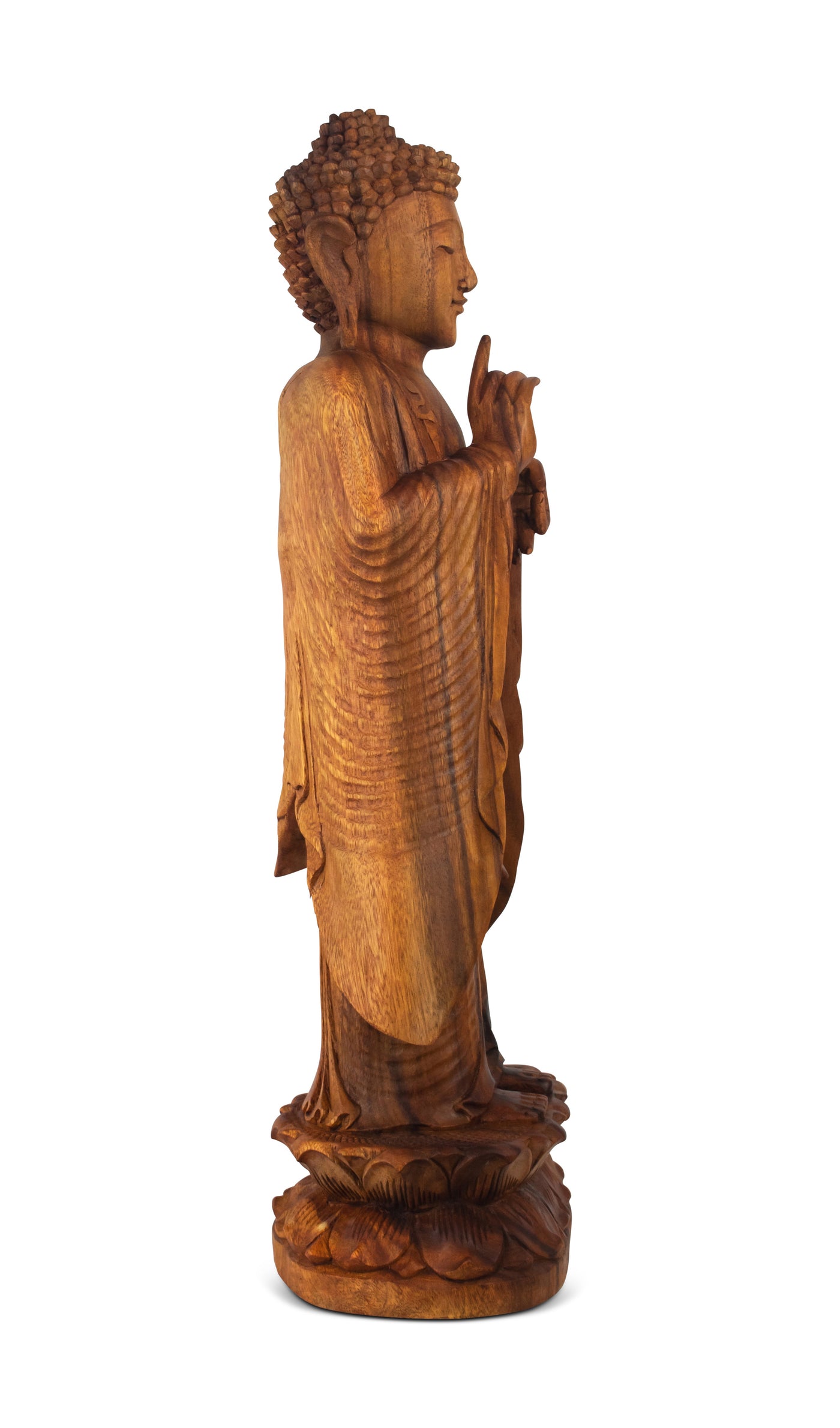 24" Wooden Hand Carved Serene Standing Buddha Statue Handmade Meditating Sculpture Figurine Home Decor Accent Handcrafted Gift Art Wood Oriental