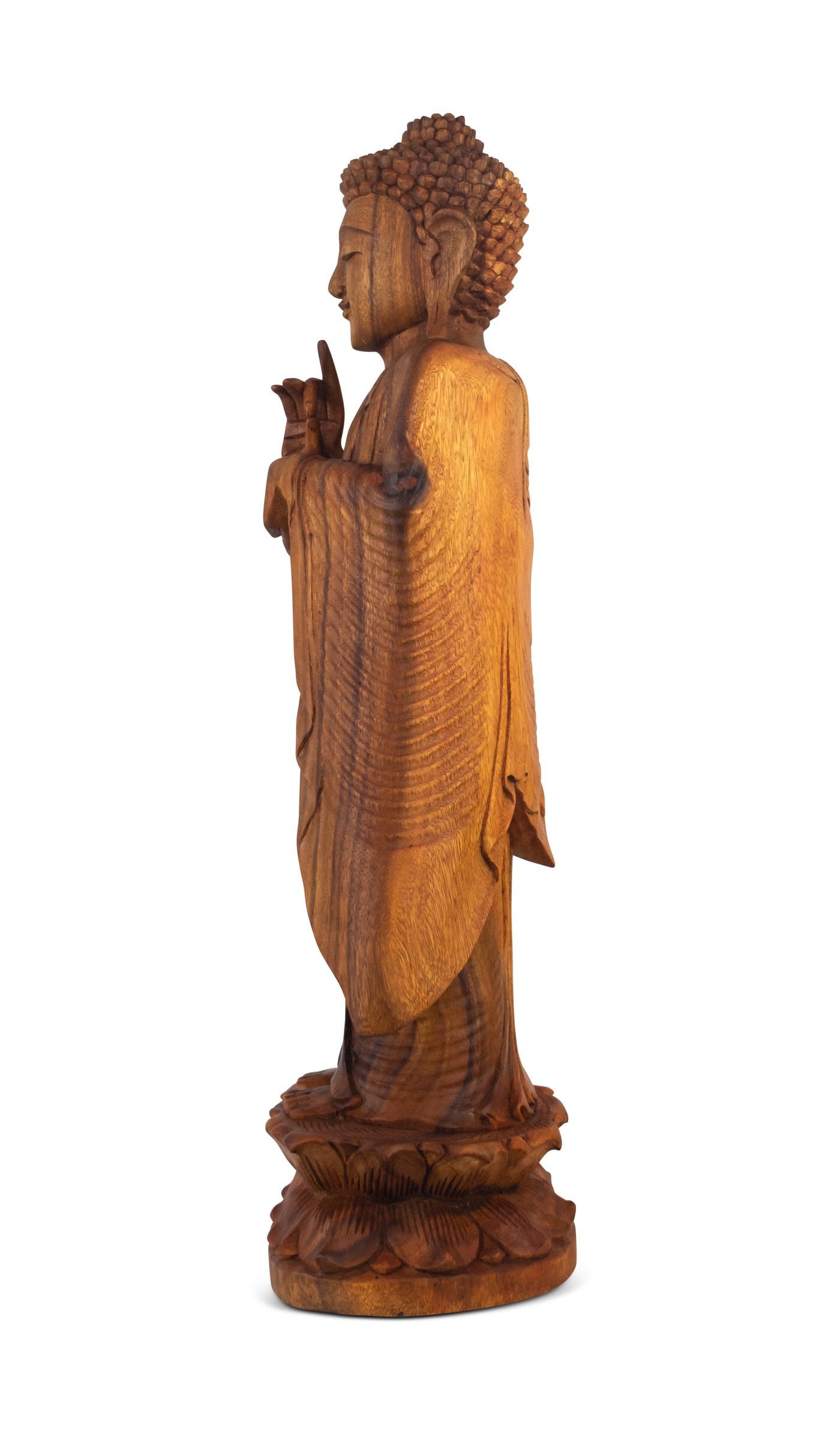 24" Wooden Hand Carved Serene Standing Buddha Statue Handmade Meditating Sculpture Figurine Home Decor Accent Handcrafted Gift Art Wood Oriental