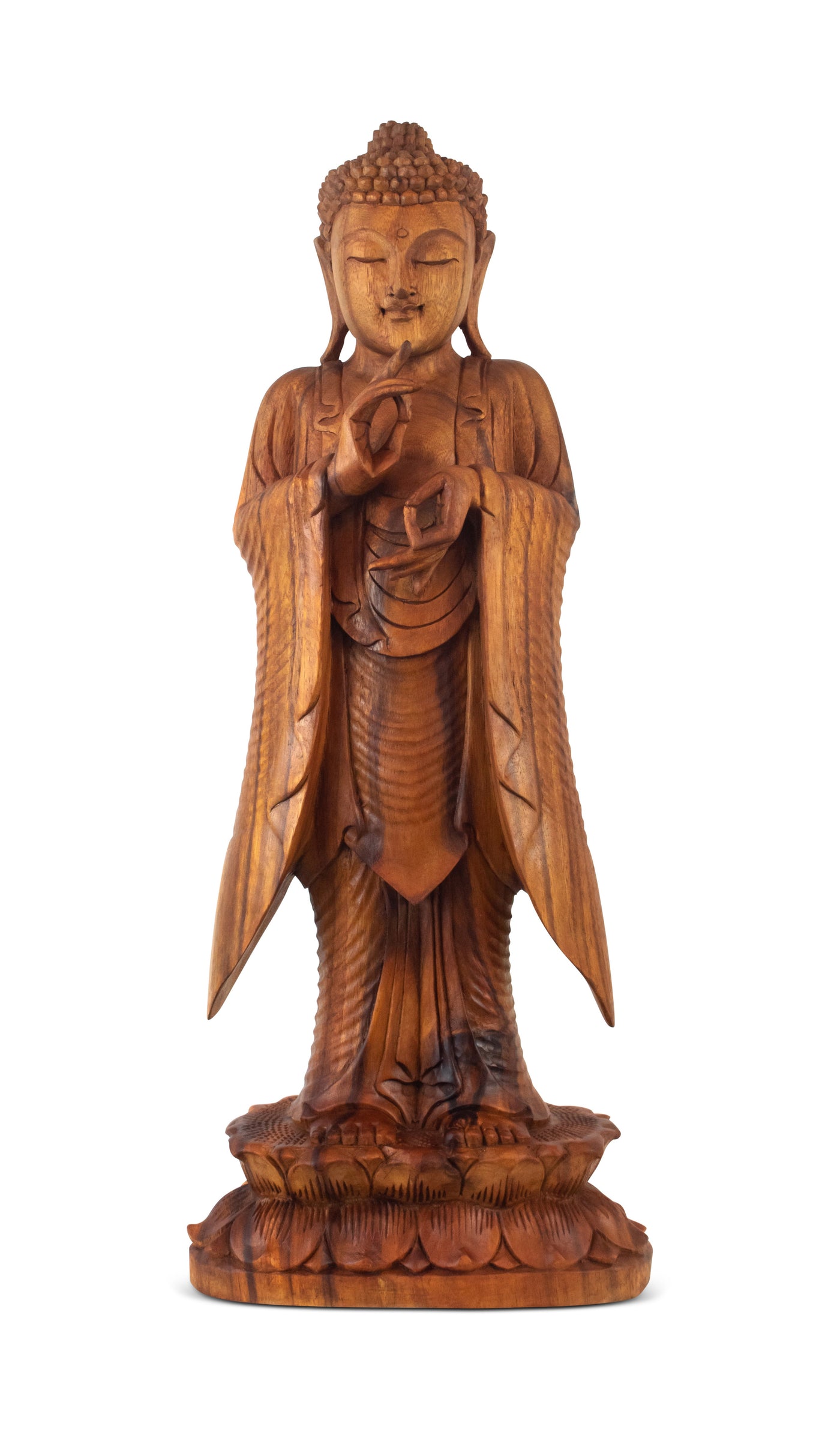 24" Wooden Hand Carved Serene Standing Buddha Statue Handmade Meditating Sculpture Figurine Home Decor Accent Handcrafted Gift Art Wood Oriental