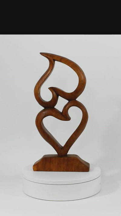 12" Wooden Handmade Abstract Sculpture Statue Handcrafted "Two Hearts, One Love" Gift Art Home Decor Figurine Accent Decoration Artwork Hand Carved