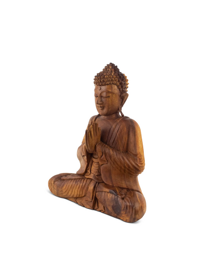 Wooden Serene Sitting Buddha "Anjali Mudra" Statue Handmade Meditating Sculpture Figurine Home Decor Accent Handcrafted Art Modern Oriental Decor