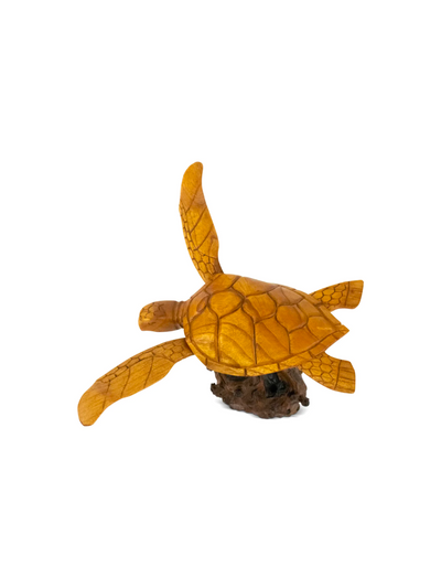 Wooden Hand Carved Turtle on Coral Statue Sculpture Wood Home Decor Figurine Handcrafted Handmade Seaside Tropical Nautical Ocean Coastal Tortoise