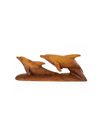 20" Large Wooden Hand Carved 2 Dolphins Statue Sculpture Wood Decor Accent Fish Figurine Handcrafted Handmade Seaside Tropical Nautical Ocean Coastal