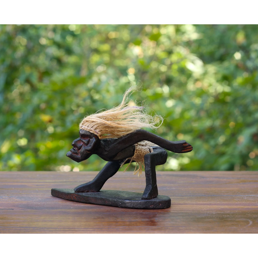 Handmade Wooden Primitive Tribal Funny Statue Surfing Sculpture Tiki Bar Figurine Hand Carved Surf