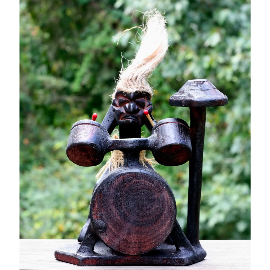 Wooden Handmade Primitive Tribal with Drum Kit Funny Statue Sculpture Tiki Bar Drummer Handcrafted Gift Home Decor Figurine Hand Carved