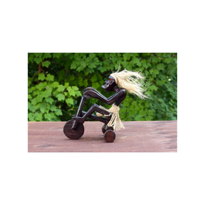 Handmade Wooden Primitive Tribal Riding Tricycle Statue Sculpture Tiki Bar Unique Gift Wood Home Decor Figurine Hand Carved